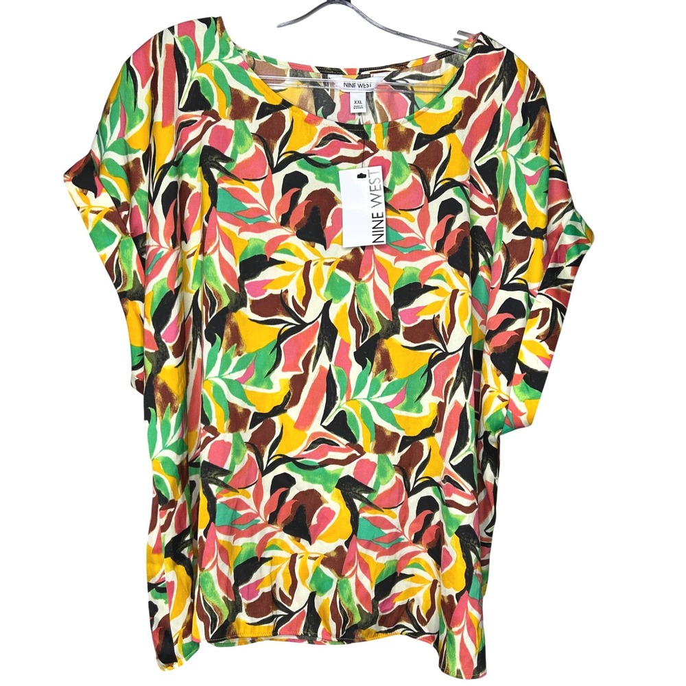 Nine West XXL Multicolor Leaf Print Relaxed Fit Tunic Top NEW Fall‎ Blouse